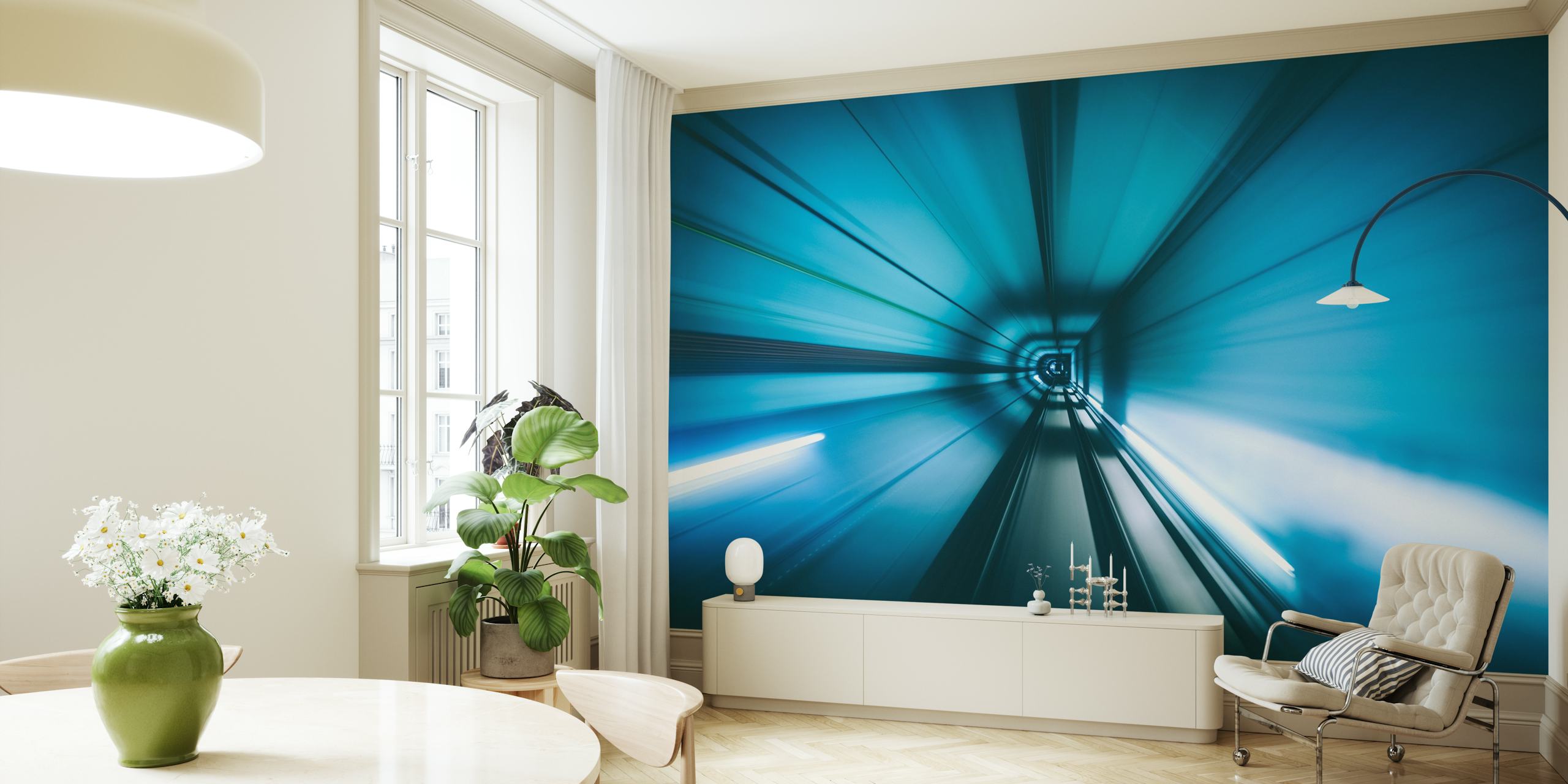 Moody Warp wall mural depicting a tunnel vision effect with deep blue tones and dynamic light streaks
